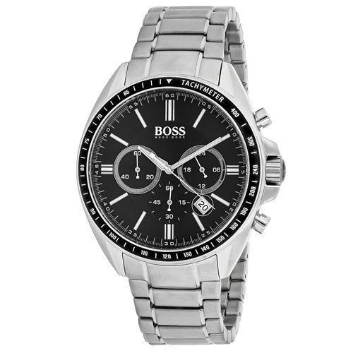 Men's Hugo Boss Driver chronograph watch featuring a 44mm black dial, silver-tone steel bracelet, luminous hands, tachymeter scale, and sub-dials for timekeeping functions.