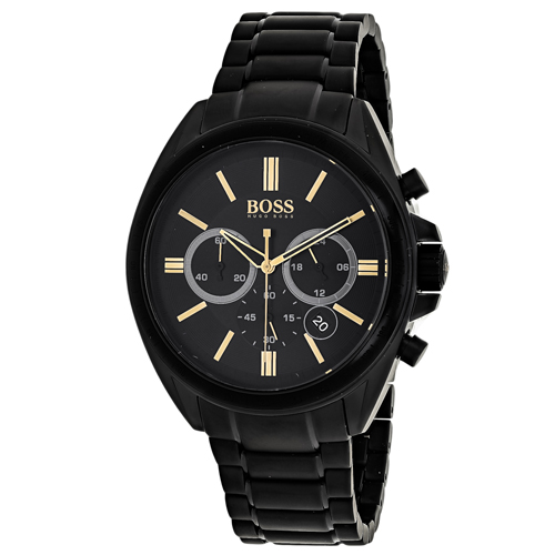 Men's Hugo Boss Driver chronograph watch features a 44mm black dial with gold-tone hour markers, subdials, and a sleek black steel bracelet.