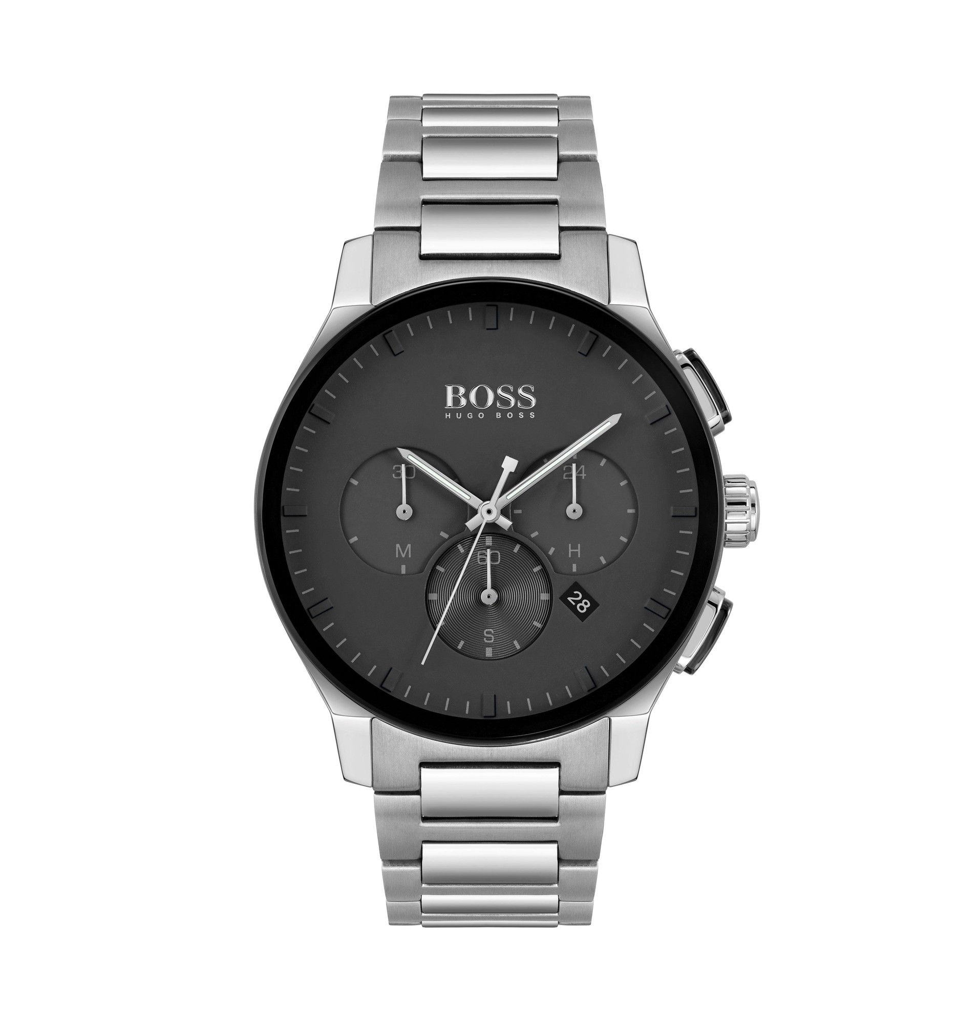 Men's Hugo Boss Peak chronograph watch featuring a 44mm black dial, silver steel bracelet, and three sub-dials with a date display at 6 o'clock.