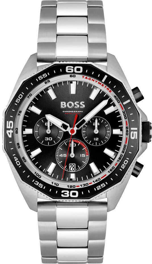 BOSS 1513971 Energy Chronograph watch features a 44mm silver stainless steel case, black dial with three sub-dials, red accents, and a silver link bracelet.