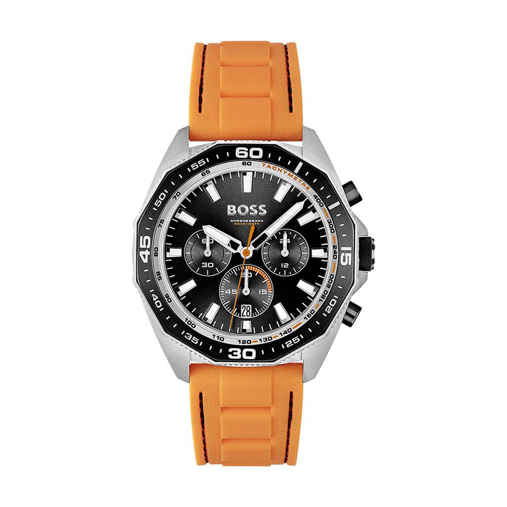 Hugo Boss Energy Chronograph men's watch featuring a black dial, silver stainless steel case, and bright orange rubber strap with textured details.