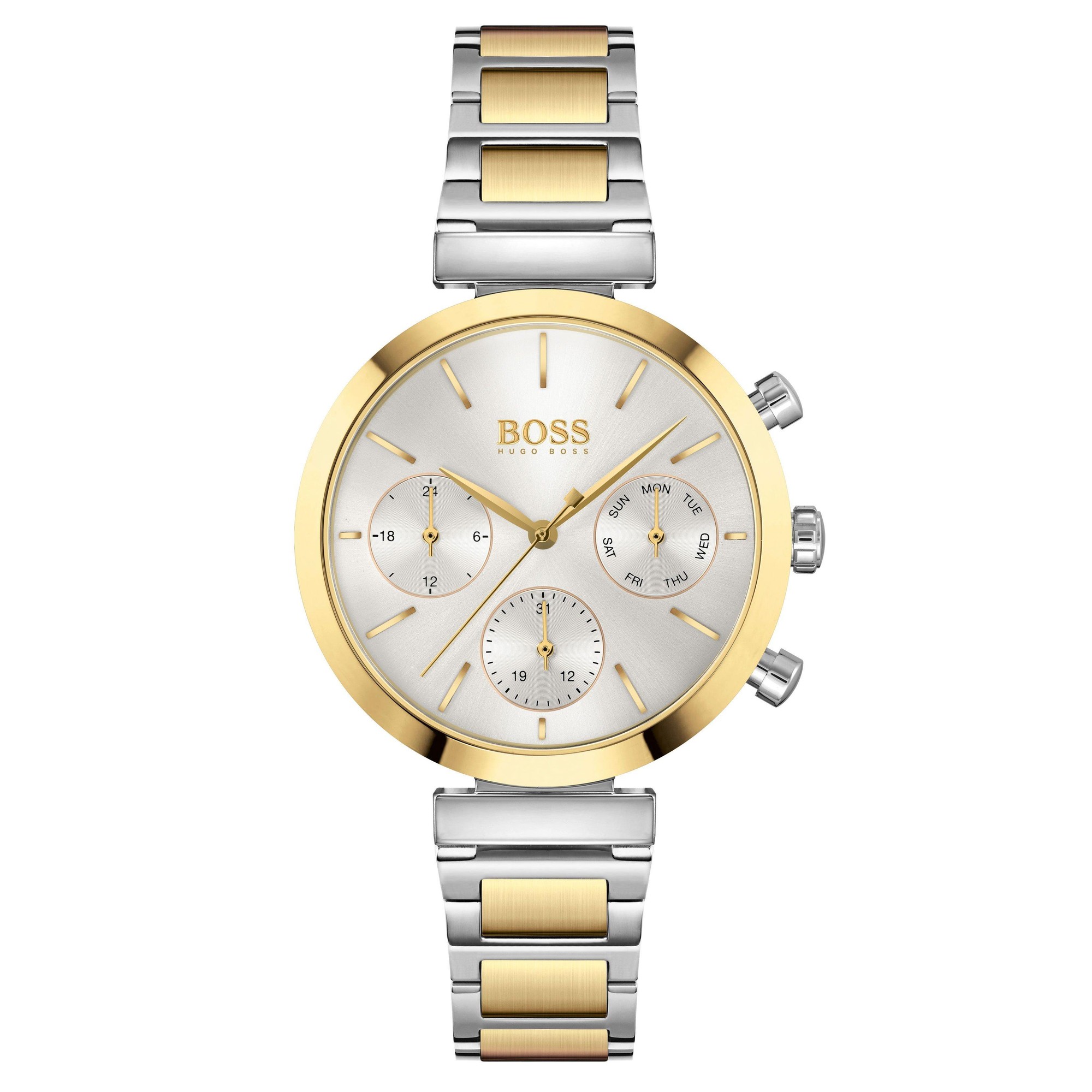 Hugo Boss women's multifunction watch features a 36mm silver dial, gold-tone accents, and a two-tone silver and gold bracelet with three sub-dials for date and time functions.