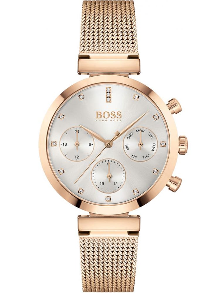 Elegant Hugo Boss Flawless Watch featuring a silver dial with rose gold accents, diamond markers, and a mesh strap, showcasing chronograph subdials for date and day.