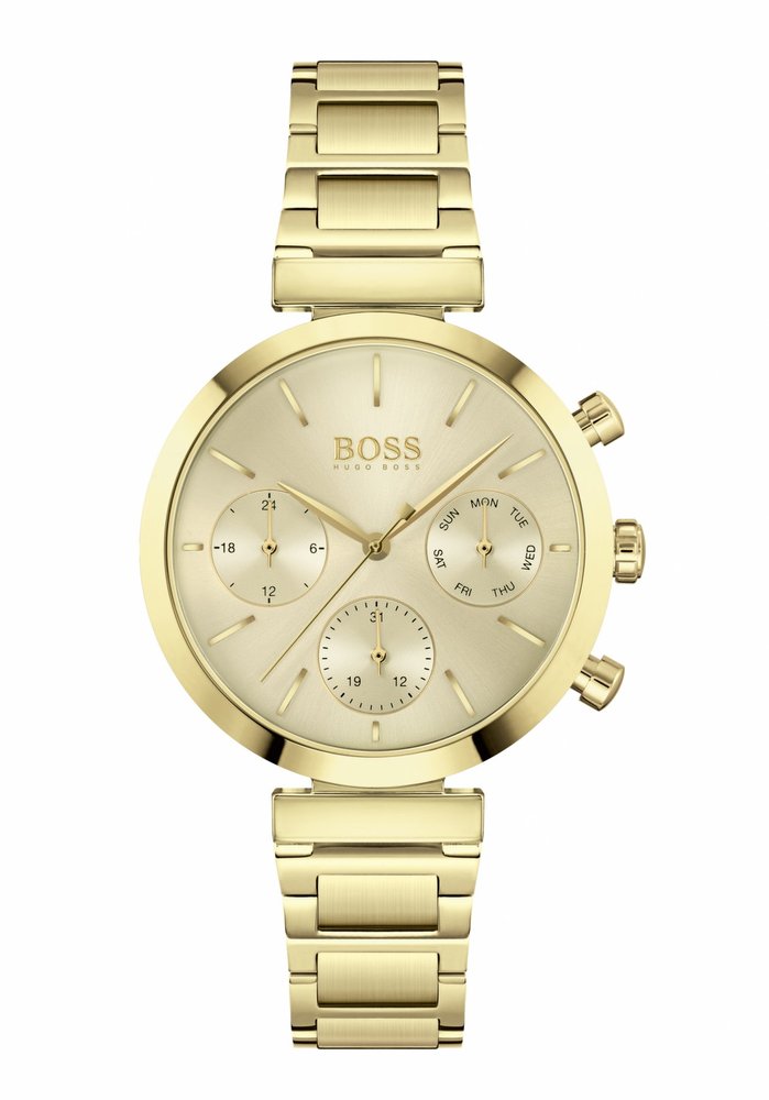 Gold multifunction watch with a 36mm gold dial, featuring three sub-dials, gold hour markers, and a gold steel bracelet.