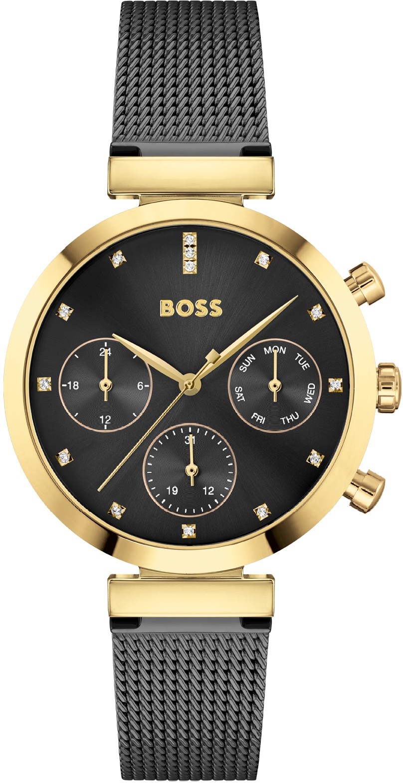 Hugo Boss Flawless women's watch features a 36mm black dial with gold accents, three sub-dials, and a black mesh bracelet, adorned with sparkling hour markers.