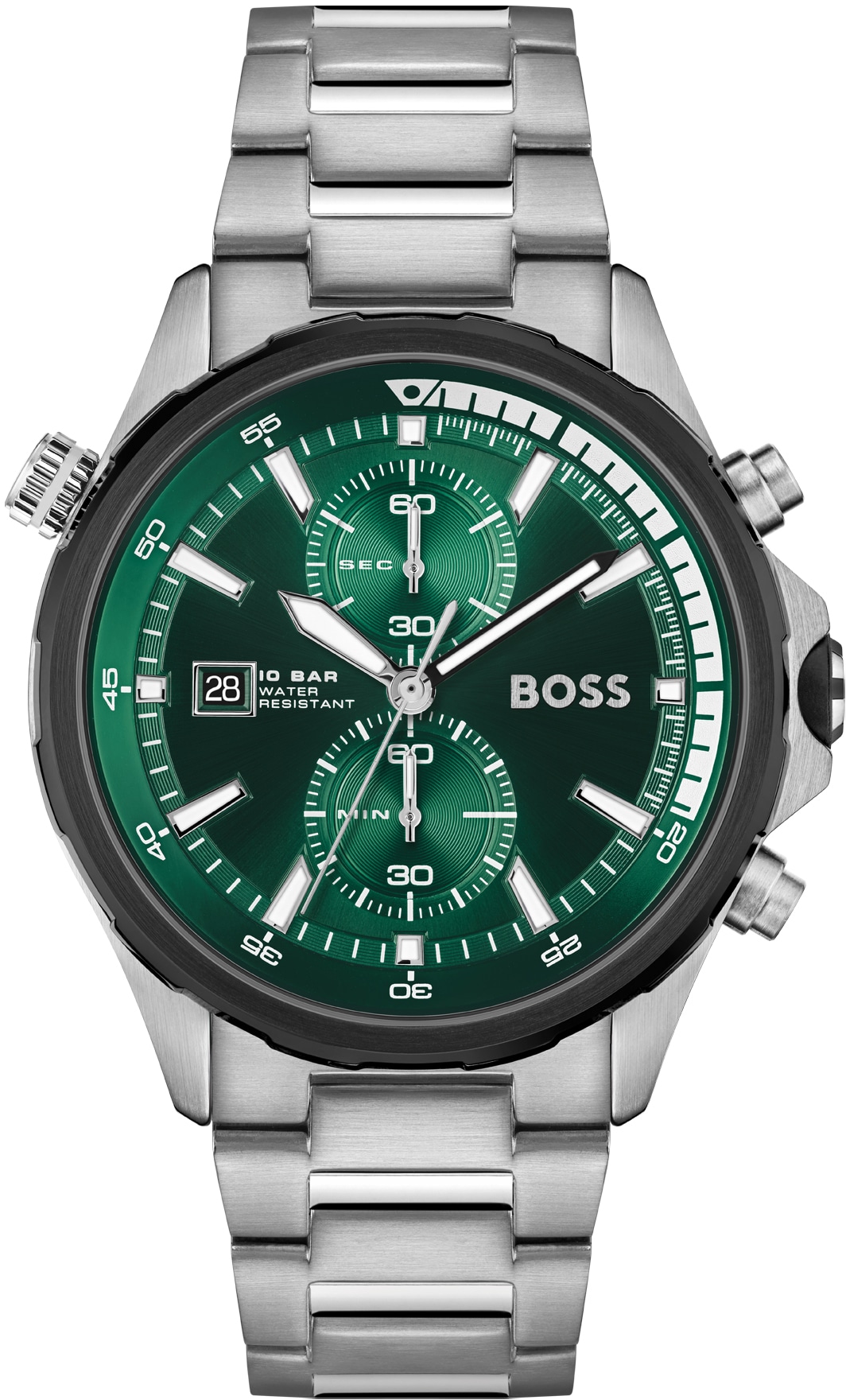 Hugo Boss 1513930 Globetrotter Chronograph men's watch features a green dial, silver stainless steel case, three sub-dials, date display, and a sturdy metal bracelet.
