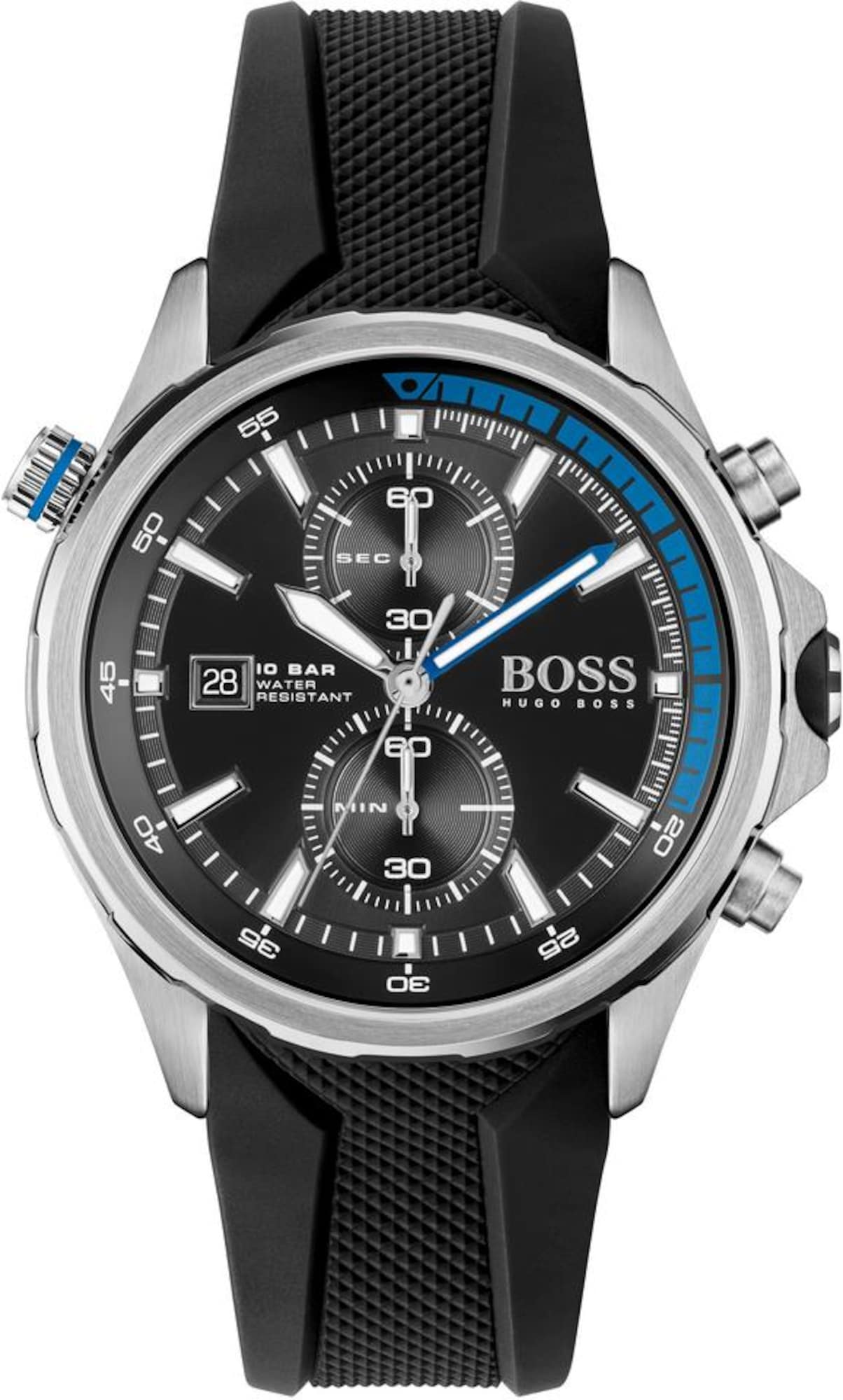 Hugo Boss men's chronograph watch featuring a 46mm black dial, silver stainless steel case, blue accents, and a black rubber strap, water-resistant up to 10 bar.