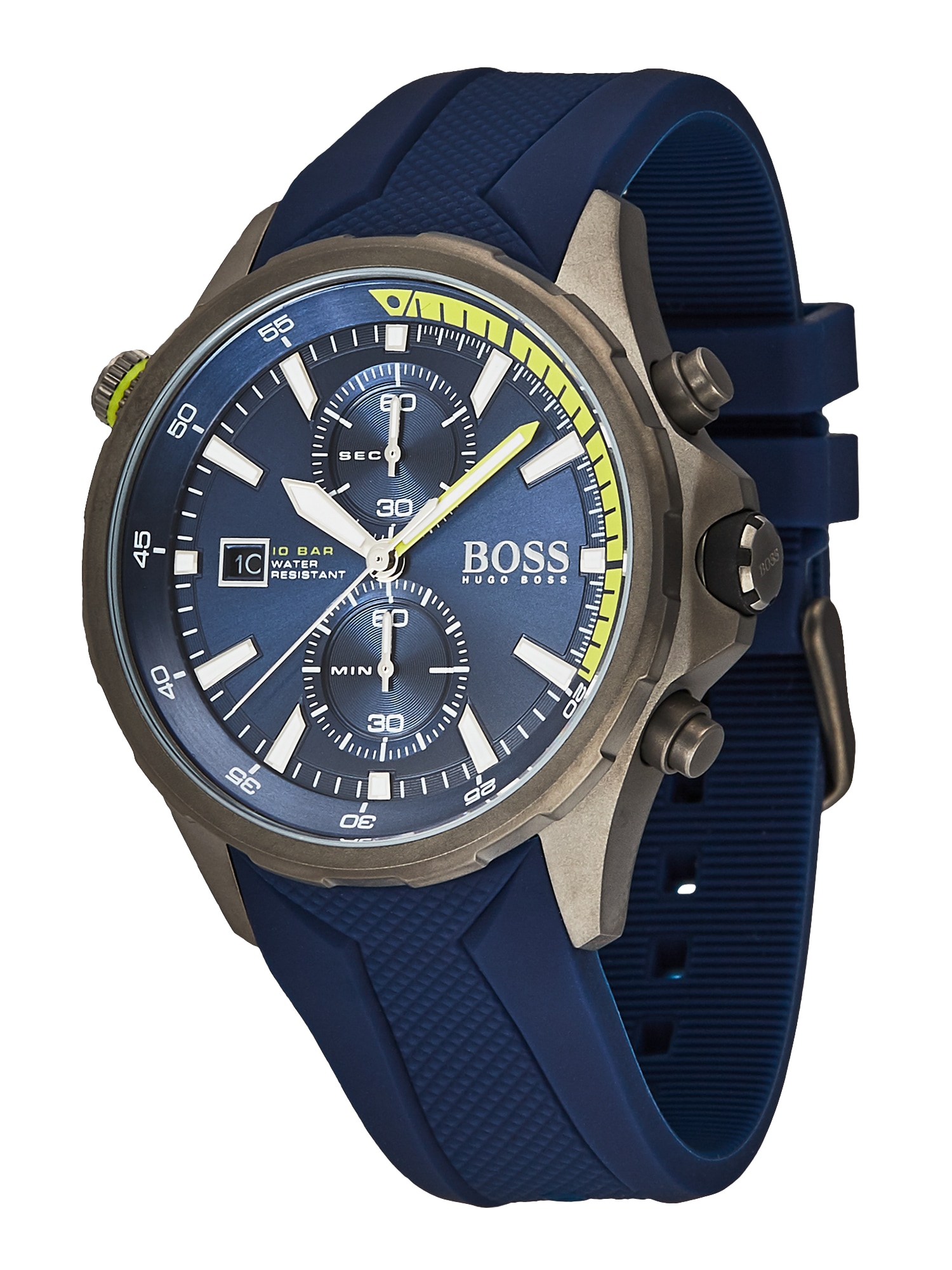 Hugo Boss men's chronograph watch featuring a 46mm blue dial, blue silicone strap, and silver-tone accents with yellow detailing and three sub-dials.