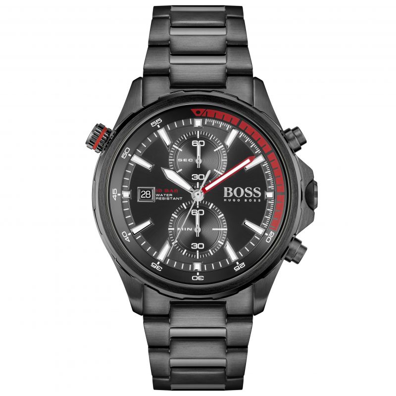 Hugo Boss Globetrotter men's chronograph watch features a 46mm black dial, black IP steel bracelet, red accents, and multiple sub-dials for timing functions.