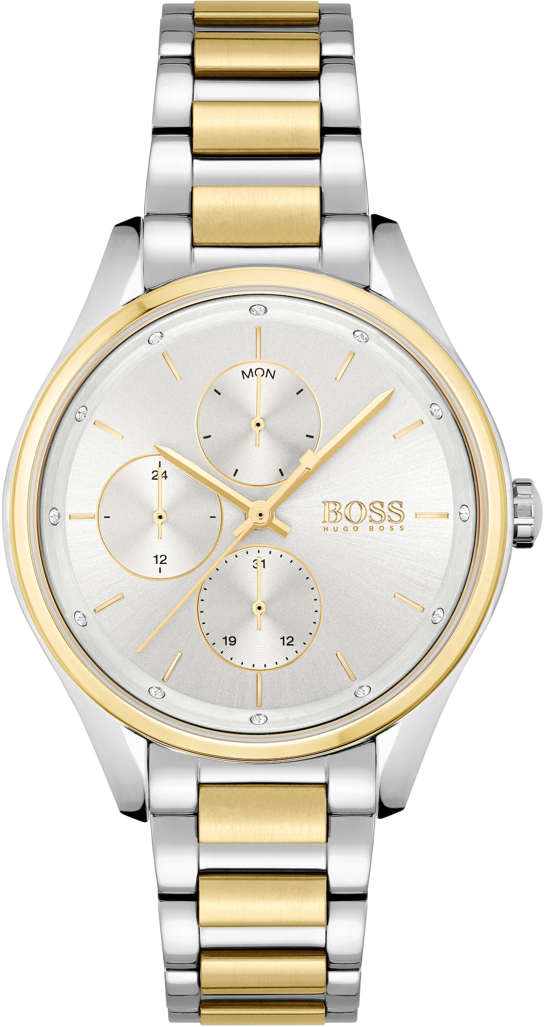 Hugo Boss Grand Course women's watch features a 36mm silver dial, gold-tone accents, three subdials, and a two-tone silver and gold bracelet.