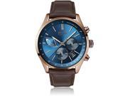 Hugo Boss Grand Prix men's chronograph watch features a blue dial, rose gold-tone case, brown leather strap, and three sub-dials for timing functions.