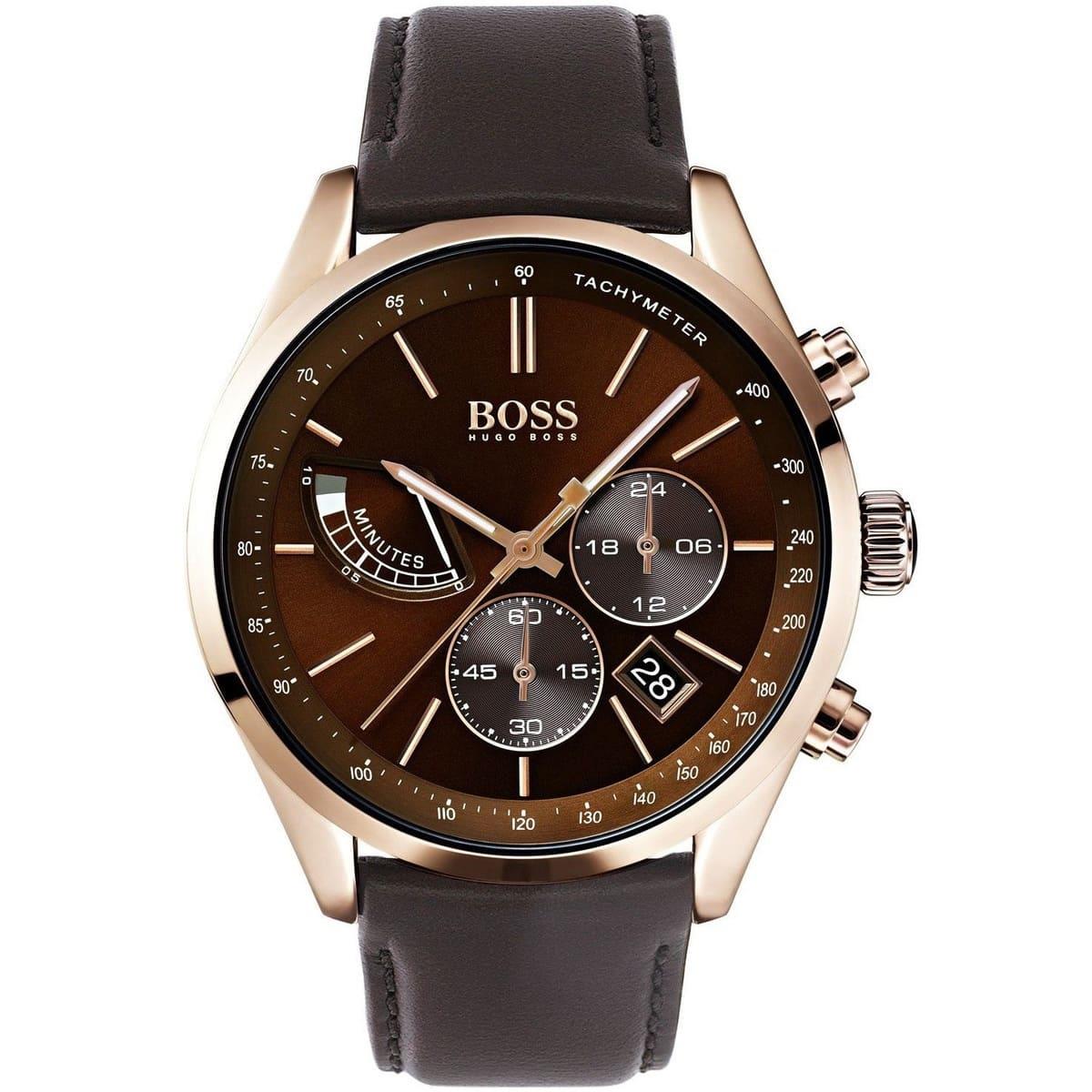 Hugo Boss Grand Prix men's chronograph watch features a 44mm brown dial, rose gold-tone accents, three sub-dials, and a brown leather strap.