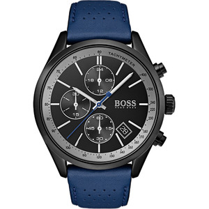 Men's Hugo Boss watch featuring a black dial with silver accents, three chronograph subdials, a tachymeter, and a blue perforated leather strap.