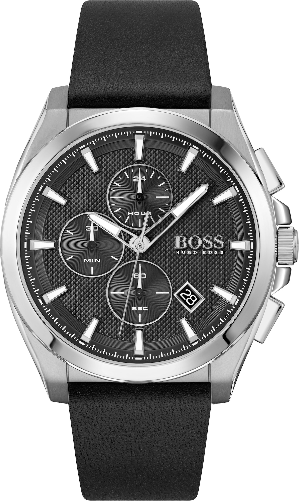 Hugo Boss Grandmaster 1513881 men's chronograph watch features a 46mm black dial, silver-tone hands, three sub-dials, and a sleek black leather strap.