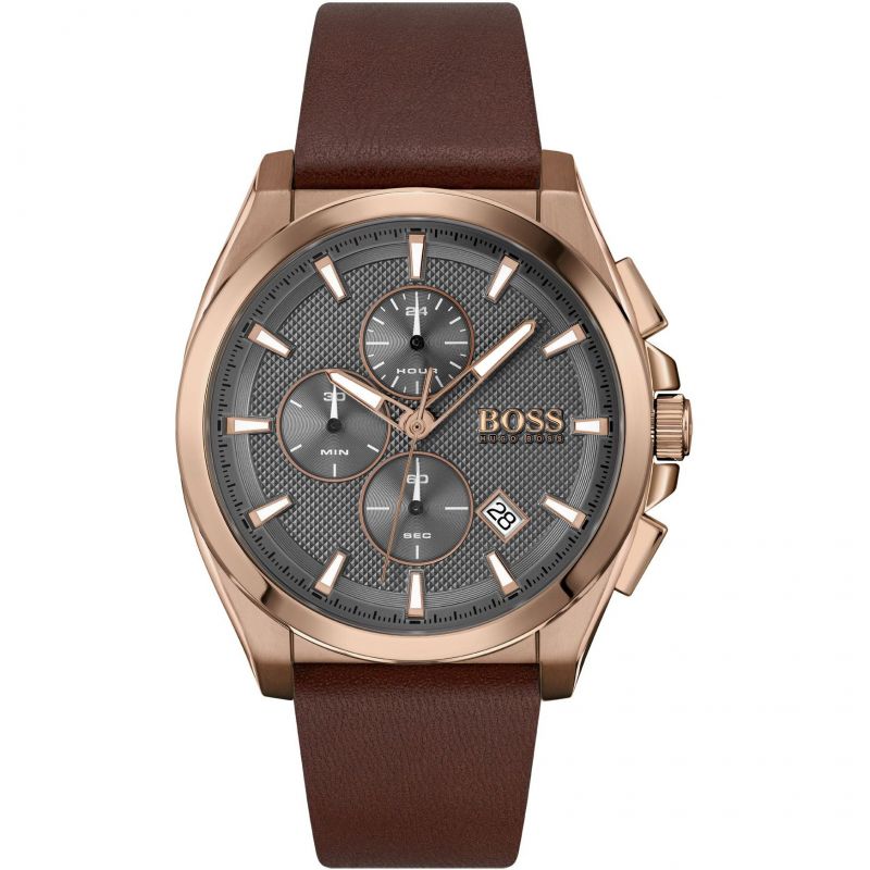 Hugo Boss Grandmaster 1513882 men's chronograph watch features a 46mm grey dial, brown leather strap, and three sub-dials with a date display at the bottom.