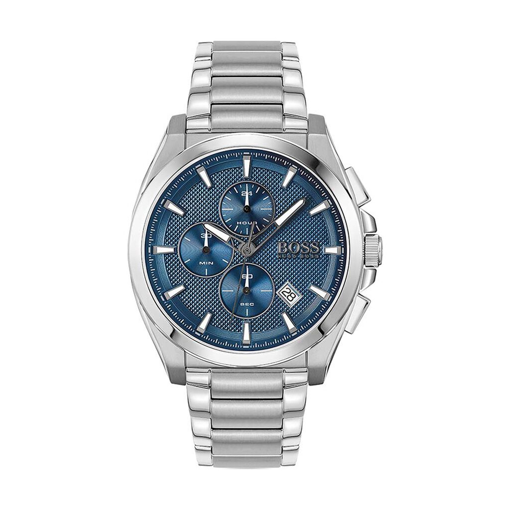 Hugo Boss Grandmaster men's chronograph watch featuring a 46mm blue dial, steel bracelet, three sub-dials, and date display, showcasing a sleek and modern design.