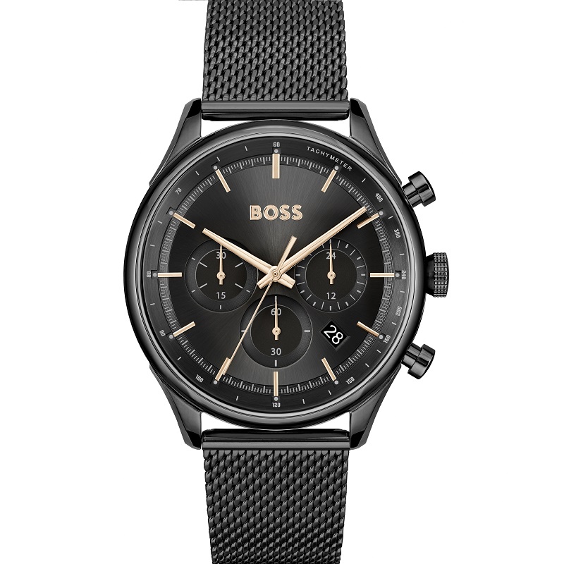 Men's Hugo Boss Gregor chronograph watch featuring a 45mm black dial, gold-tone hands and markers, three sub-dials, and a black mesh bracelet.
