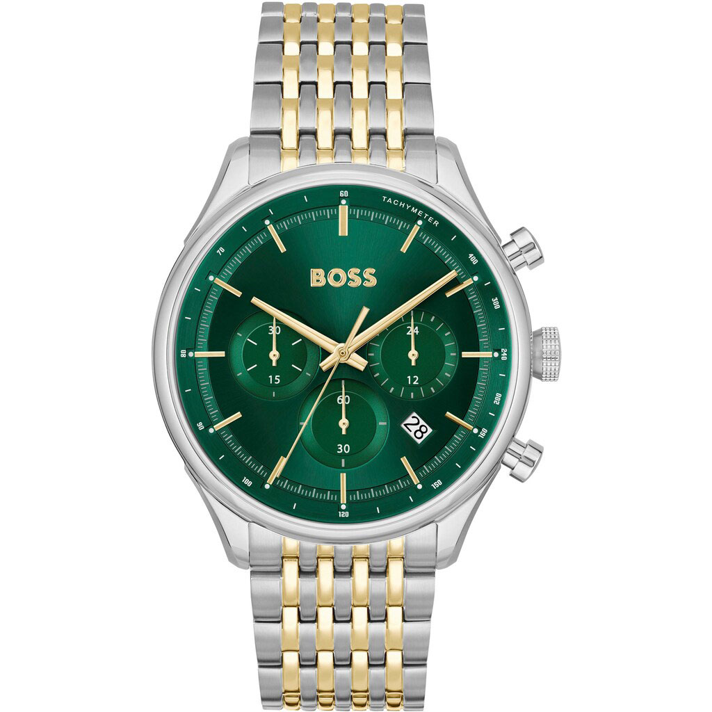 Men's Hugo Boss Gregor chronograph watch featuring a 45mm green dial, gold-tone hands, three sub-dials, and a two-tone silver and gold bracelet.