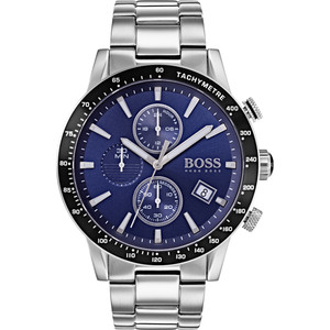 Men's Hugo Boss Rafale chronograph watch featuring a 44mm blue dial, silver steel bracelet, three sub-dials, tachymeter bezel, and date display at 6 o'clock.
