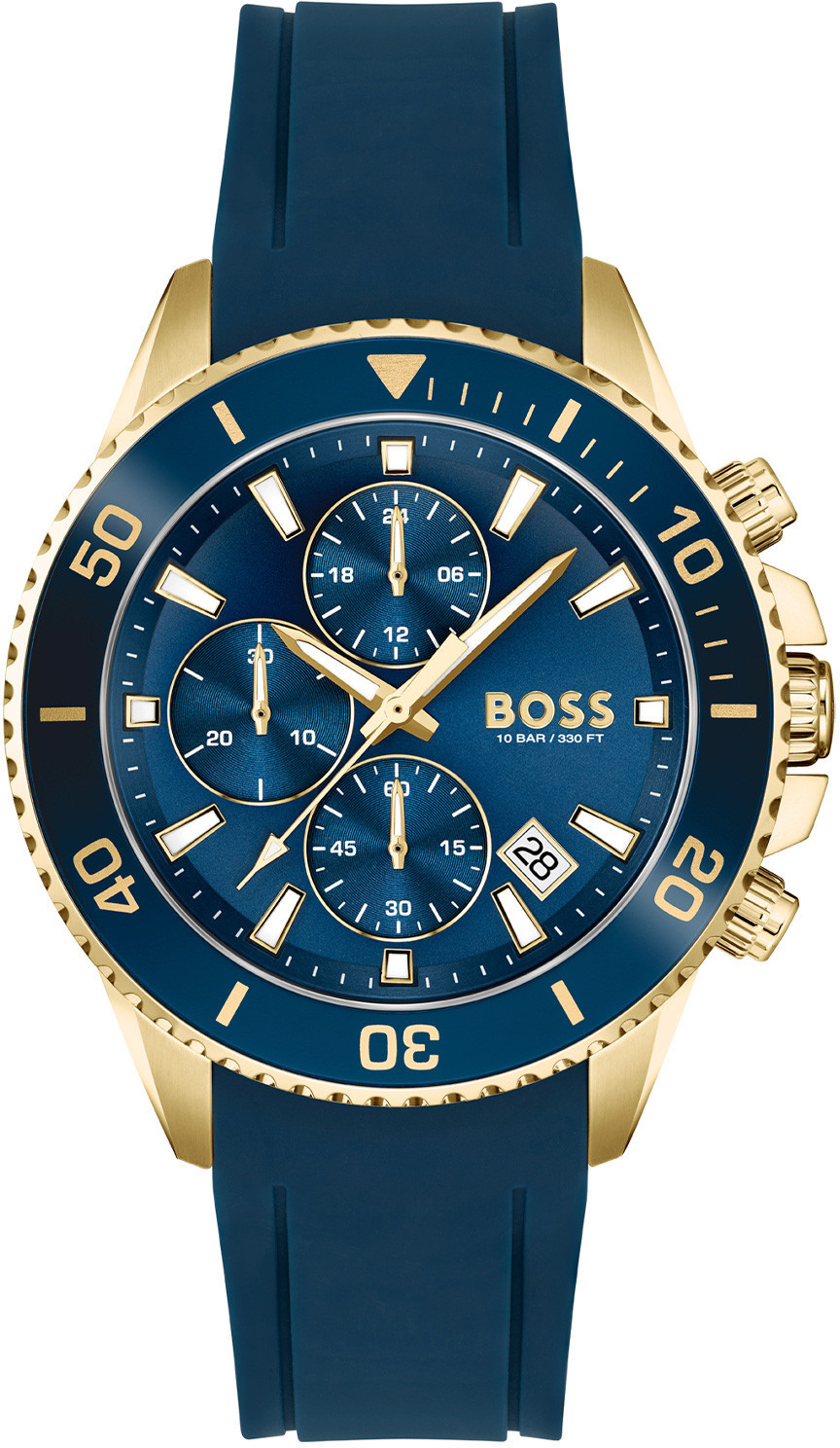 Men's Hugo Boss Admiral chronograph watch features a 46mm navy dial, gold-tone accents, three sub-dials, and a blue silicone strap, water-resistant up to 10 BAR.