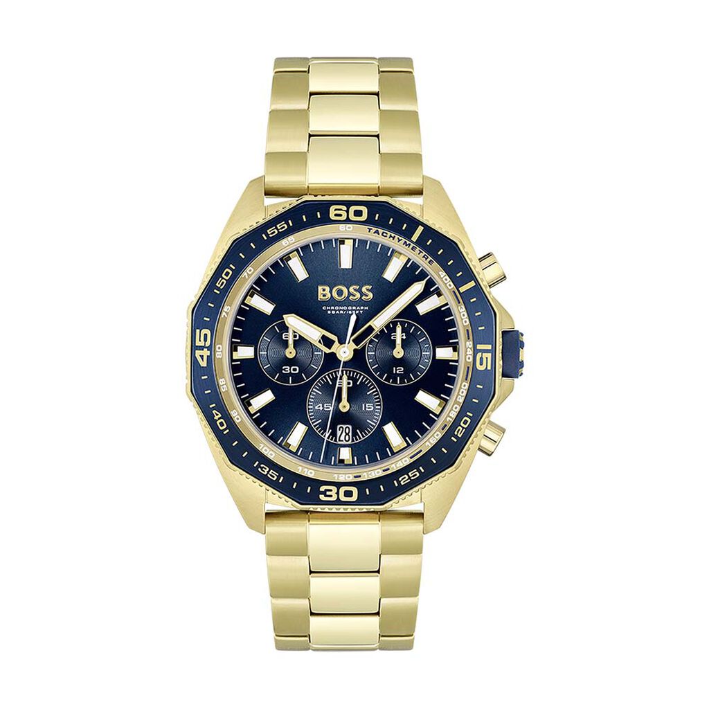 Gold-tone stainless steel chronograph watch with a navy blue dial, featuring white hour markers, three sub-dials, and a bold bezel, complemented by a matching gold bracelet.