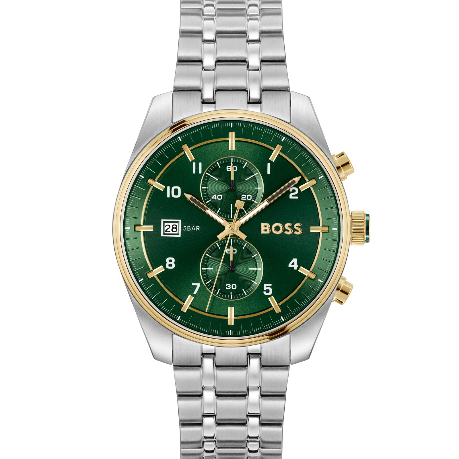 Men's BOSS SkyTraveller chronograph watch features a 44mm green dial, silver stainless steel bracelet, gold accents, and three sub-dials with date display at 6 o'clock.