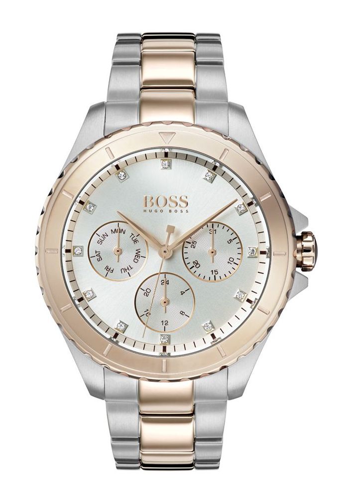 Hugo Boss Hera multi-function watch features a 38mm silver dial, two-tone stainless steel bracelet, and diamond accents on the dial with three sub-dials for added functionality.