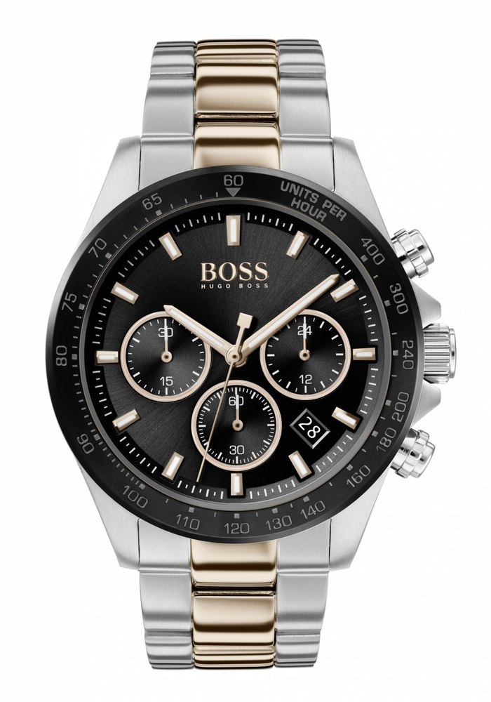 Black chronograph watch by Hugo Boss featuring a stainless steel and gold-tone bracelet, three sub-dials, a date display, and luminous hour markers on a sleek black dial.