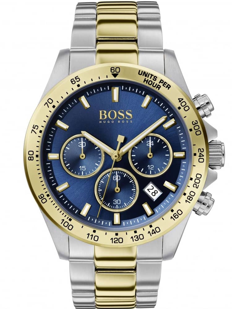 Hugo Boss Hero Sport Lux men's watch features a blue dial with gold and silver accents, three subdials, a date display, and a two-tone stainless steel bracelet.
