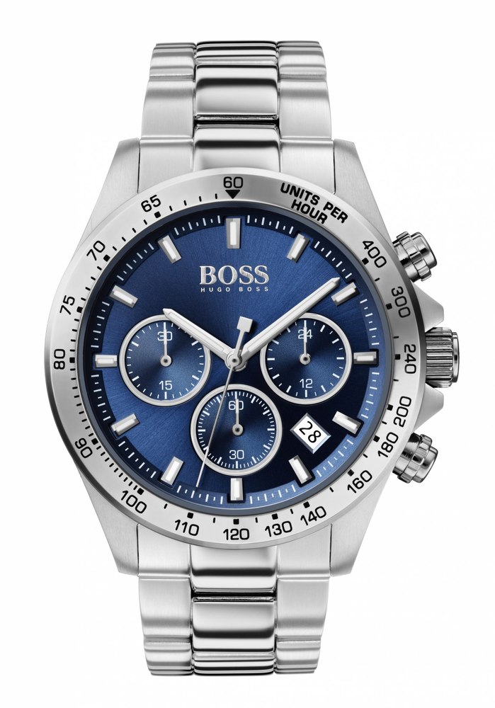 Stainless steel chronograph watch featuring a blue dial, silver-tone hour markers, three subdials, date display, and a polished bracelet.