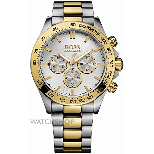 Hugo Boss two-tone men's watch features a silver and gold stainless steel bracelet, a white dial with three subdials, and a tachymeter scale on the bezel.