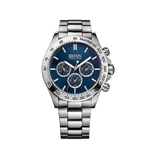 Silver stainless steel chronograph watch with a blue dial, three sub-dials, tachymeter scale, and a polished bracelet, featuring the Hugo Boss logo.