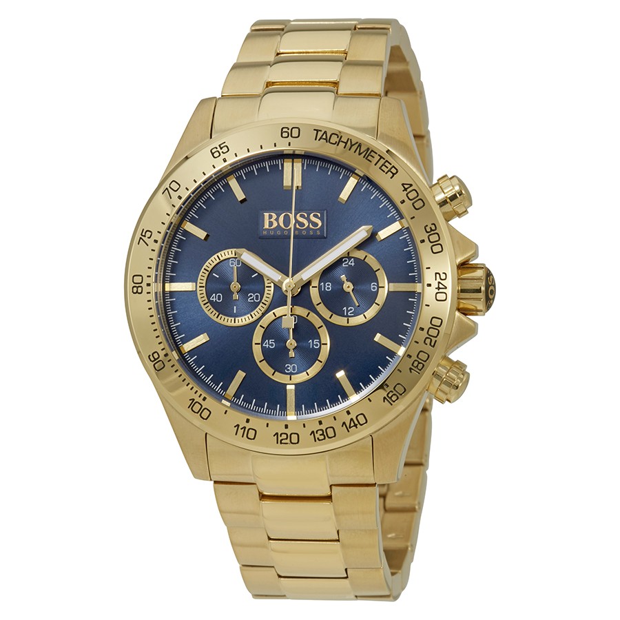 Gold-toned Hugo Boss Ikon Chronograph watch with a blue dial, three sub-dials, tachymeter scale, and a stainless steel bracelet.