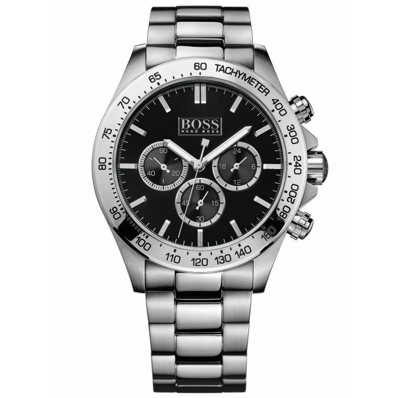 Hugo Boss Ikon Chronograph watch features a black dial with silver-tone hands, three sub-dials, a tachymeter bezel, and a stainless steel bracelet.