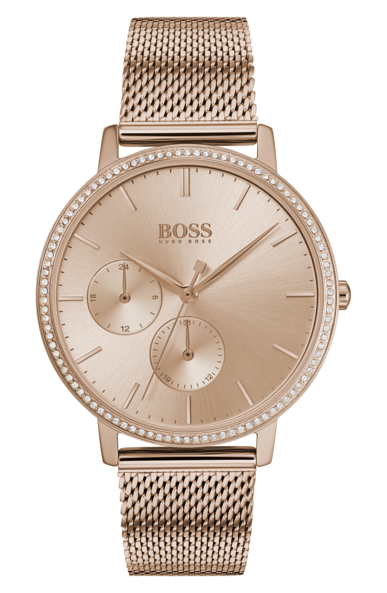 Hugo Boss Infinity women's multifunction watch features a 35mm rose gold dial with two subdials, a mesh bracelet, and a crystal-encrusted bezel for added elegance.