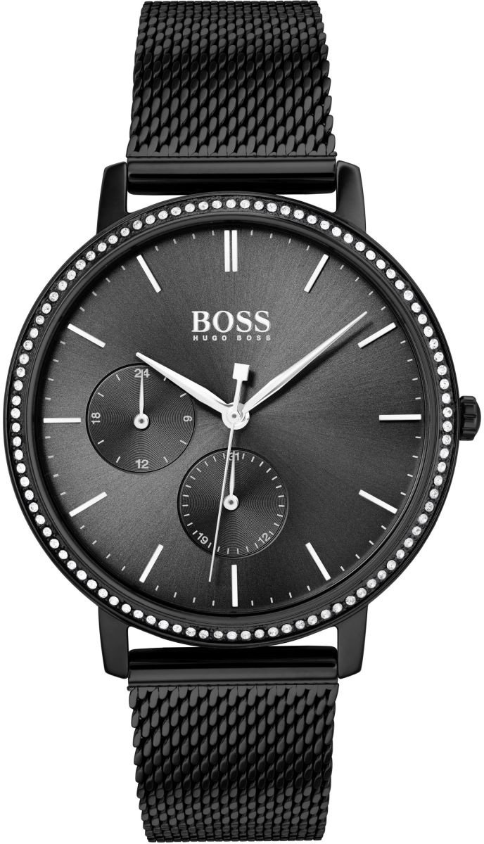 Hugo Boss women's multifunction watch featuring a 35mm black dial, mesh bracelet, silver-tone hands, and a bezel adorned with sparkling stones.