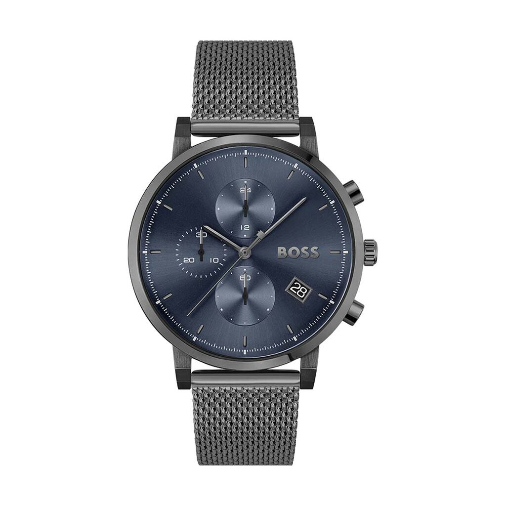 Men's Hugo Boss watch featuring a dark blue dial, silver-tone mesh strap, chronograph subdials, and date display at 6 o'clock, all in a sleek, modern design.