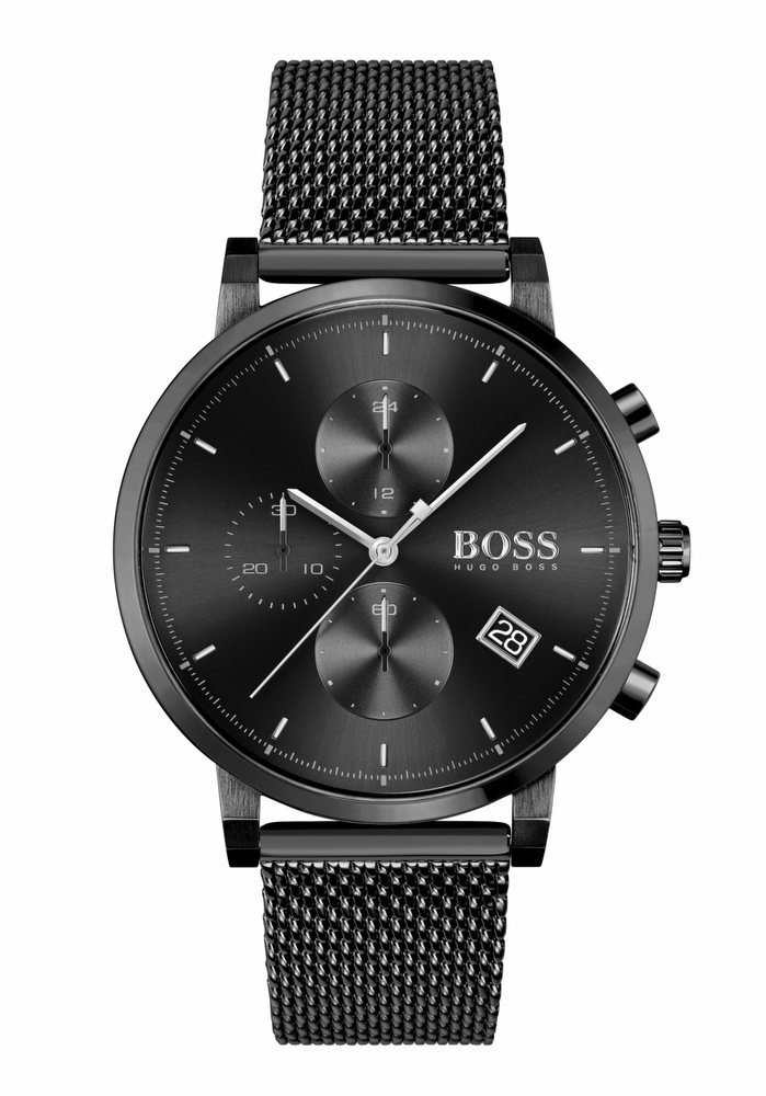Men's Hugo Boss Integrity chronograph watch featuring a 43mm black dial, black mesh bracelet, and three sub-dials with a date display at 6 o'clock.