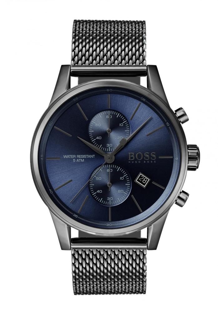 Grey IP stainless steel watch with a mesh bracelet, featuring a dark blue dial, two sub-dials, silver accents, and a date display, water-resistant up to 5 ATM.