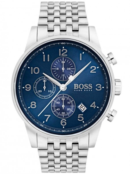 Silver stainless steel watch with a blue dial, featuring three sub-dials, silver hour markers, and a date display, complemented by a woven metal bracelet.