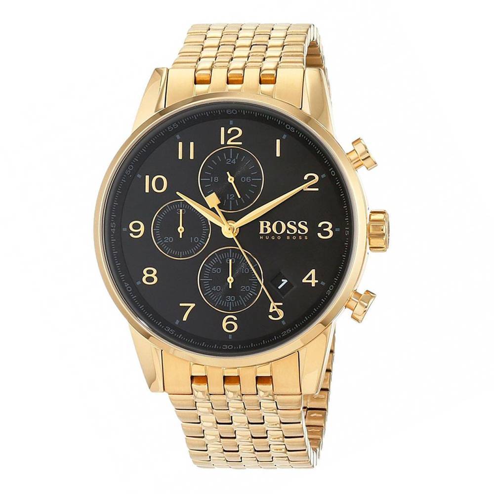 Hugo Boss Hugo Boss Navigator 1513531 Men's Chronograph Watch – 44mm Black Dial Gold Steel Bracelet