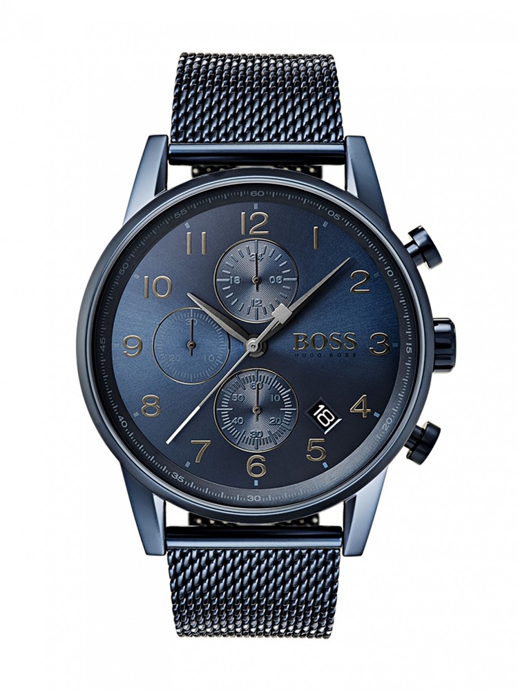 Blue stainless steel men's watch by Hugo Boss features a dark blue dial, gold-tone hour markers, three sub-dials, and a mesh strap for a modern look.