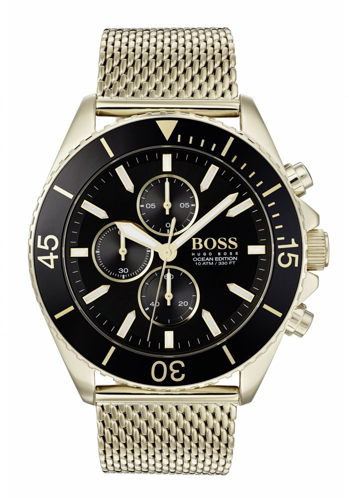 Men's Hugo Boss watch featuring a black dial with gold-tone hour markers, three sub-dials, and a gold mesh bracelet, showcasing a sporty yet elegant design.