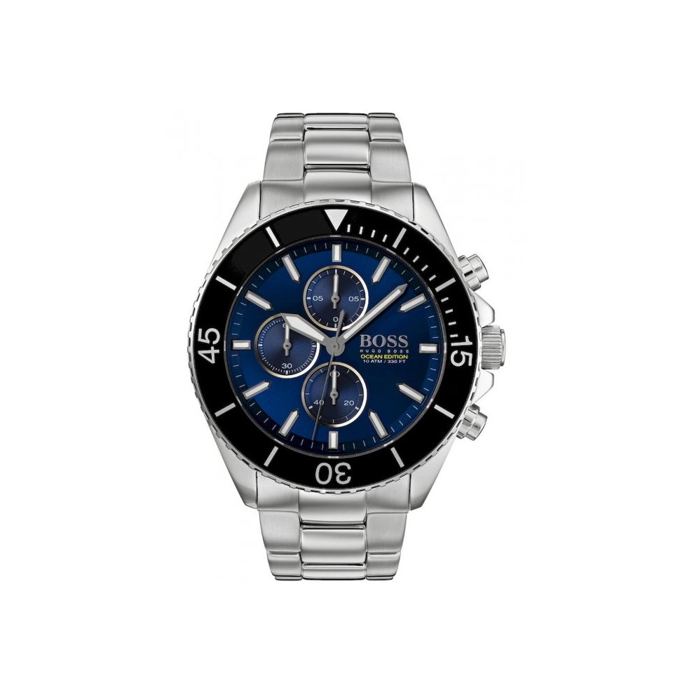 Silver stainless steel men's watch with a blue dial, featuring three subdials, a black bezel, and a polished link bracelet.
