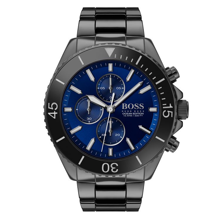 Men's Hugo Boss 1513743 Ocean Edition watch featuring a blue dial, silver-tone stainless steel case, chronograph function, and a black metal bracelet.