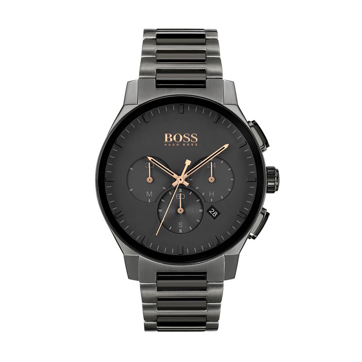 Stylish Hugo Boss men's watch featuring a black dial, gold-tone accents, three sub-dials, and a sleek stainless steel bracelet.