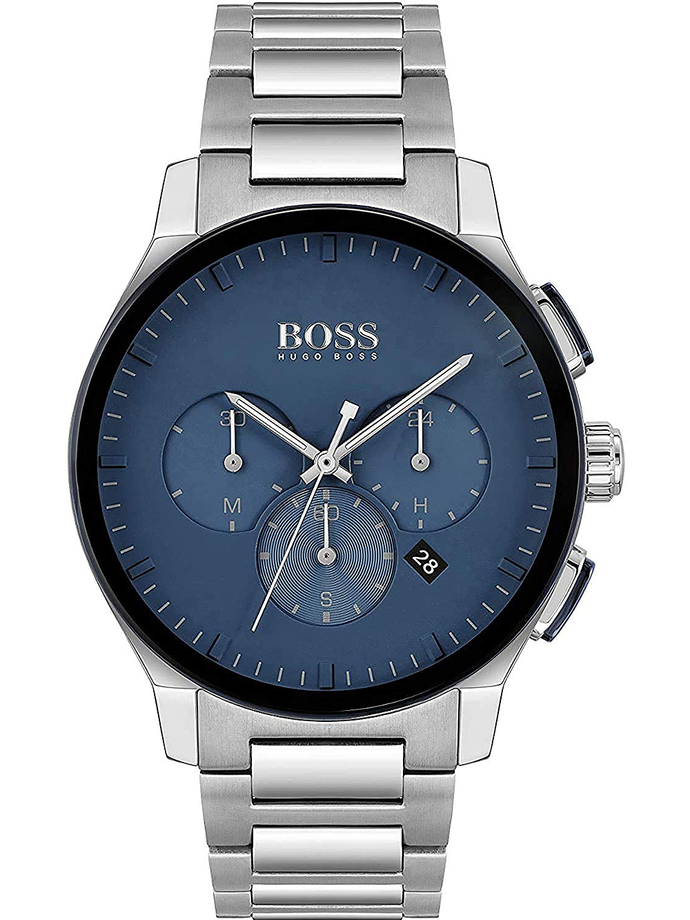 Men's Hugo Boss Peak chronograph watch featuring a 44mm blue dial, silver-tone steel bracelet, three sub-dials, and a date display at 6 o'clock.