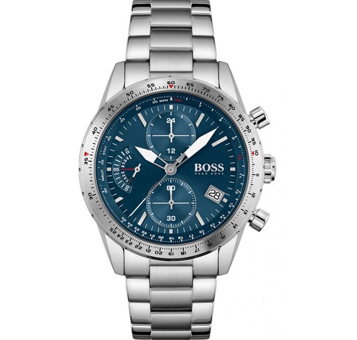 Silver stainless steel watch with a blue dial, featuring three sub-dials, a date display, and silver-tone hour markers and hands.
