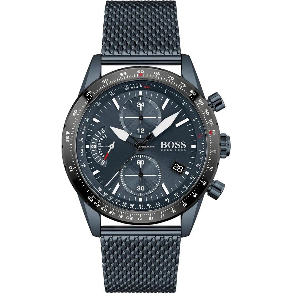 Men's Hugo Boss Pilot Edition watch featuring a 44mm navy dial, chronograph subdials, and a sleek mesh bracelet in dark metal.