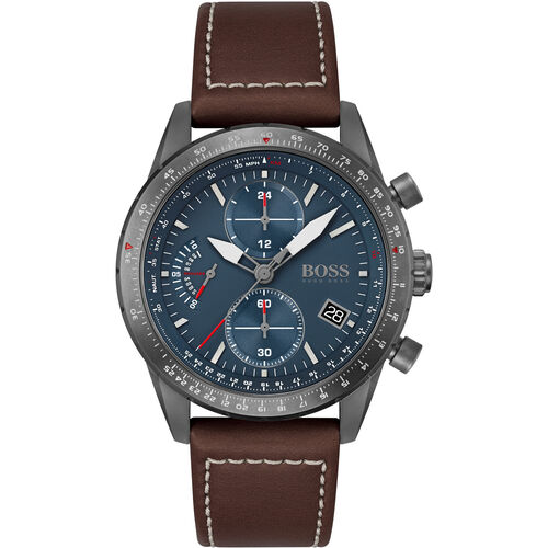 Hugo Boss Pilot Edition 1513852 men's chronograph watch features a 44mm blue dial, brown leather strap, silver-tone case, and three sub-dials with date display.